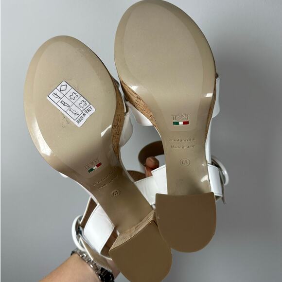 NeroGiardini White & Tan Cork Buckle Patent Leather Platform Heels Women's 11 - Picture 9 of 11